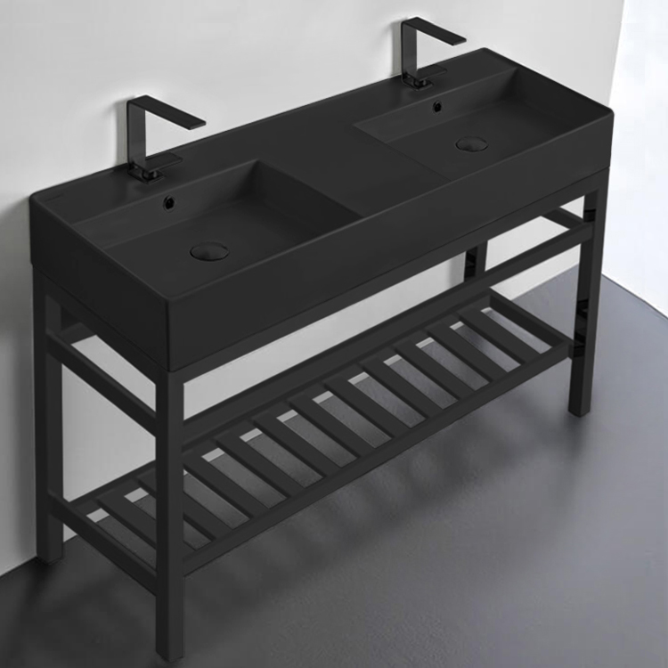 Scarabeo 5143-49-CON2-BLK Matte Black Double Ceramic Console Sink and Matte Black Base, 48 Inch